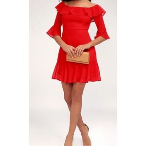 Lulus Red Off Shoulder Ruffle Bell Sleeve Flounce Mini Dress Size L